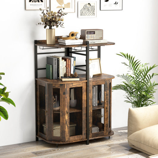 Industrial Corner Bar Cabinet with Glass Holder and Adjustable Shelf-Rustic Brown