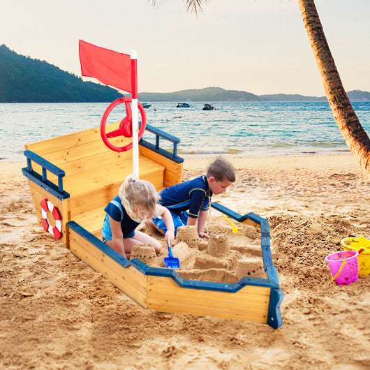 Kids Pirate Boat Wooden Sandbox Children Outdoor Playset