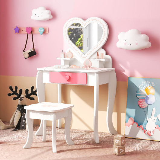 Kids Vanity Set with Heart-shaped Mirror-White