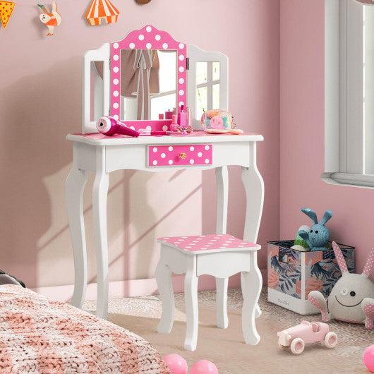 Kids Vanity Table and Stool Set with Cute Polka Dot Print-Pink