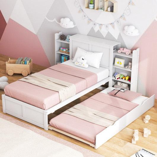 Twin/Full Kids Wooden Platform Bed with Trundle Storage Headboard-Twin Size