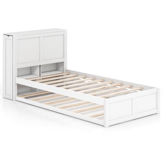 Twin/Full Kids Wooden Platform Bed with Trundle Storage Headboard-Twin Size