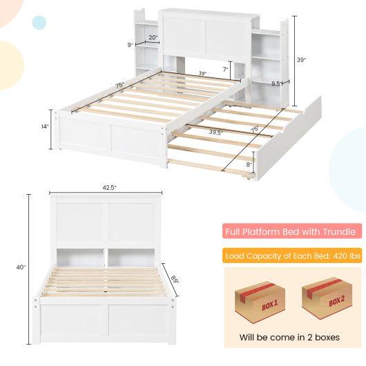 Twin/Full Kids Wooden Platform Bed with Trundle Storage Headboard-Twin Size