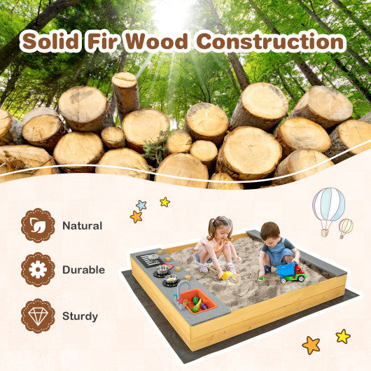 Wooden Sandbox Kids Sand Pit with Kitchen Playset Accessories for 3-8 Years Old