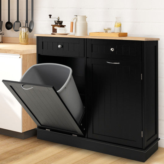 Rubber Wood Kitchen Trash Cabinet with Single Trash Can Holder and Adjustable Shelf-Black