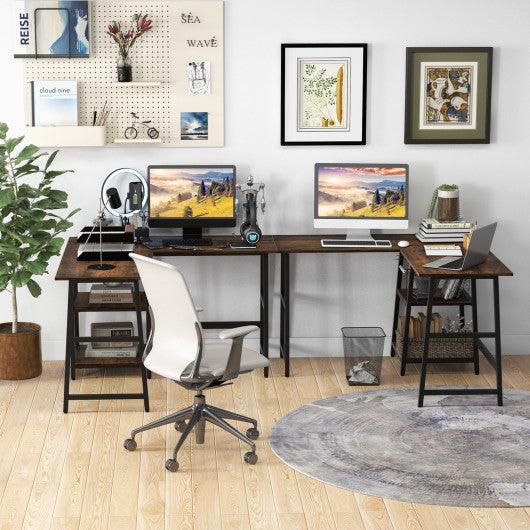 L Shaped Corner Computer Desk with Storage Shelves-Brown