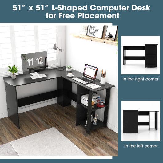 Modern L-Shaped Computer Desk with Shelves-Black