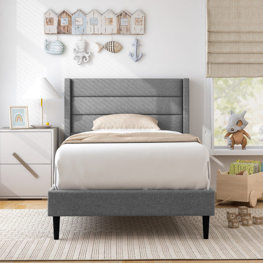 Linen Upholstered Platform Twin/Queen Bed Frame with Wingback Headboard-Twin Size