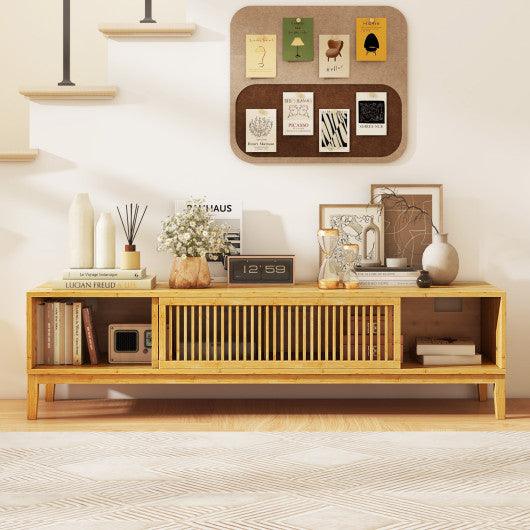 Bamboo TV Stand for TVs up to 65 Inches with Sliding Slatted Doors-Natural