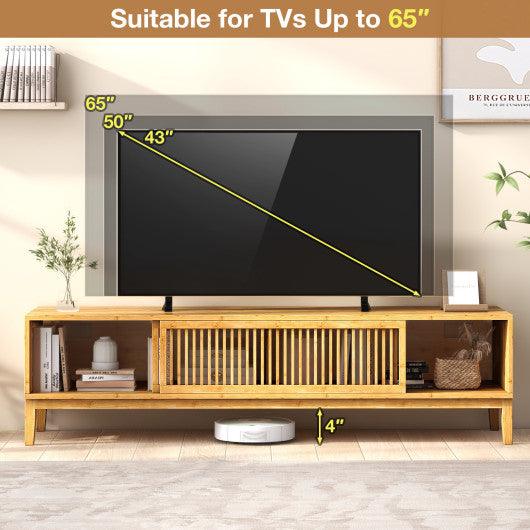 Bamboo TV Stand for TVs up to 65 Inches with Sliding Slatted Doors-Natural