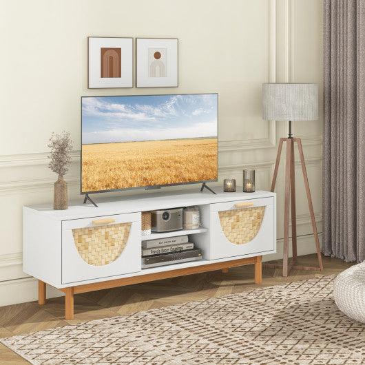 Mid Century Modern TV Stand Entertainment Center for 55-Inch TV with 2 Drawers and Bamboo Woven Fronts-White