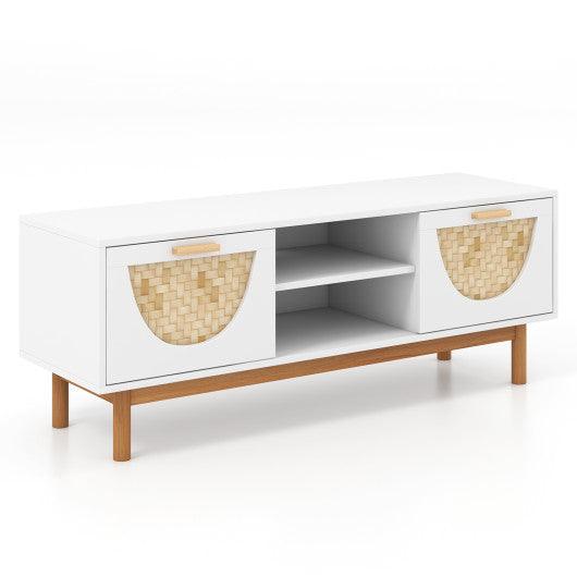 Mid Century Modern TV Stand Entertainment Center for 55-Inch TV with 2 Drawers and Bamboo Woven Fronts-White