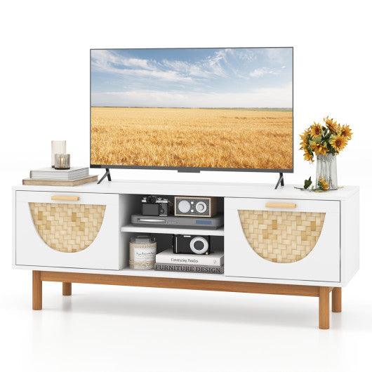 Mid Century Modern TV Stand Entertainment Center for 55-Inch TV with 2 Drawers and Bamboo Woven Fronts-White