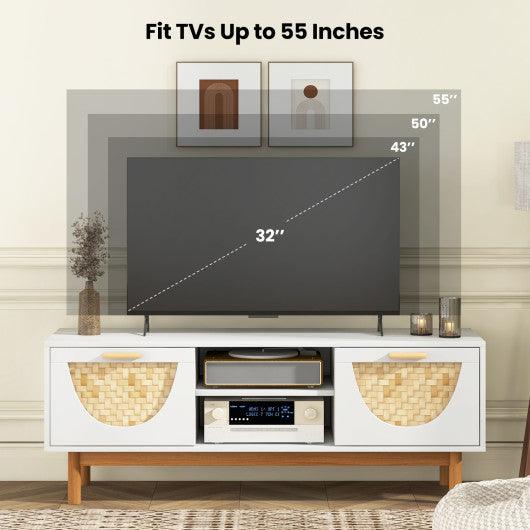 Mid Century Modern TV Stand Entertainment Center for 55-Inch TV with 2 Drawers and Bamboo Woven Fronts-White