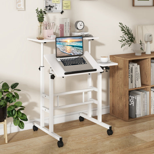 Mobile Stand-up Computer Desk Adjustable with 2 Tilting Desktops-White