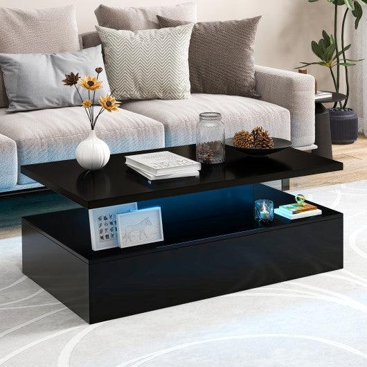 Modern 2-tier High Glossy Table with Adjustable Light Colors for Living Room-Black