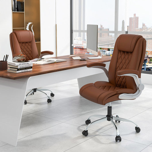 Modern Height Adjustable PU Leather Office Chair with Rocking Function-Brown