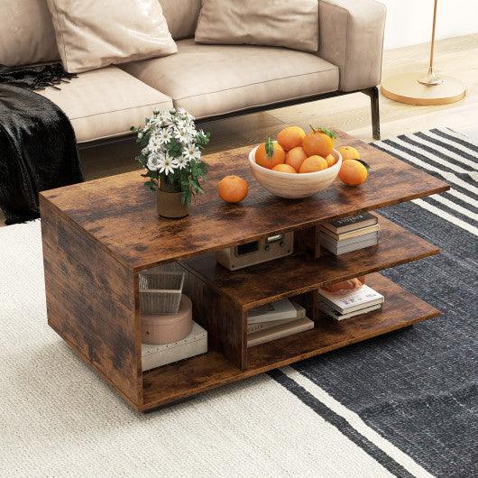 Rectangular Coffee Table with L-shaped Middle Shelf-Brown