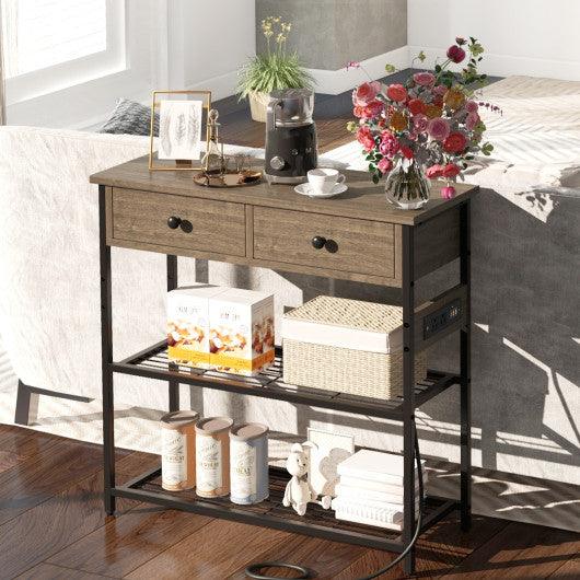 Narrow Console Table with 2 Drawers and 2 Metal Mesh Shelves-Gray