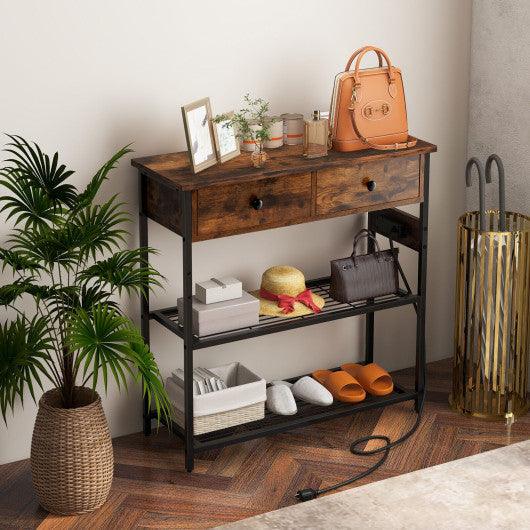 Narrow Console Table with 2 Drawers and 2 Metal Mesh Shelves-Rustic Brown