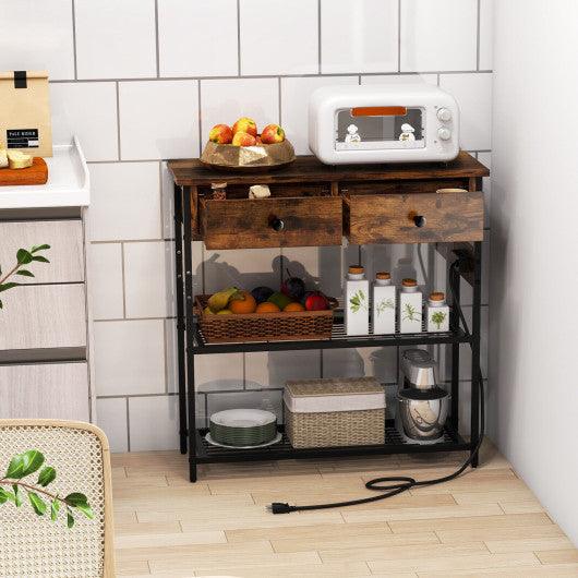 Narrow Console Table with 2 Drawers and 2 Metal Mesh Shelves-Rustic Brown