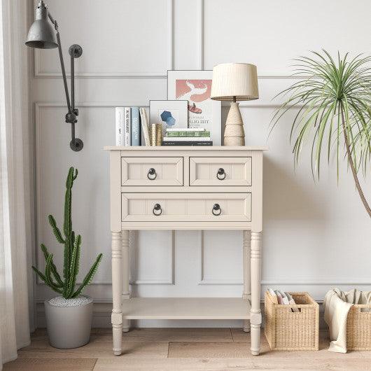 Narrow Console Table with 3 Storage Drawers and Open Bottom Shelf-Beige