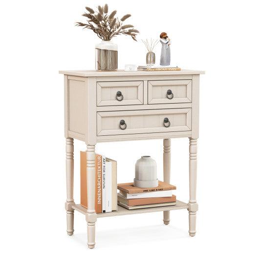 Narrow Console Table with 3 Storage Drawers and Open Bottom Shelf-Beige