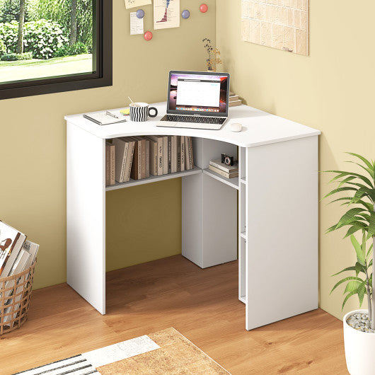 Corner Computer Desk Triangle Home Office Desk with Adjustable Shelf and Arc-Shaped Profile-White