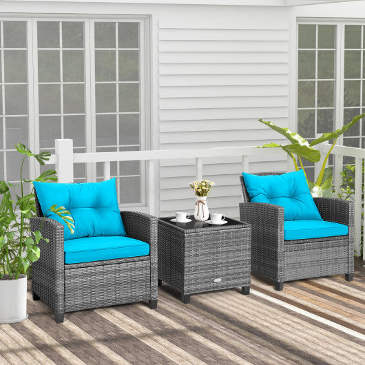 3 Pieces Outdoor Wicker Conversation Set with Tempered Glass Tabletop-Turquoise