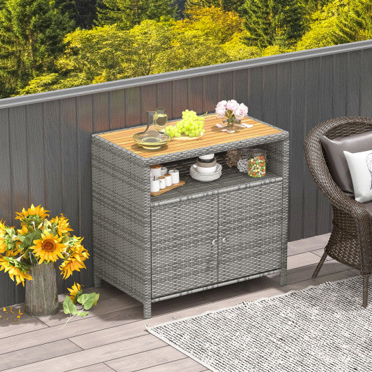 Rattan Storage Cabinet with Acacia Wood Countertop for Poolside Deck and Patio-Gray