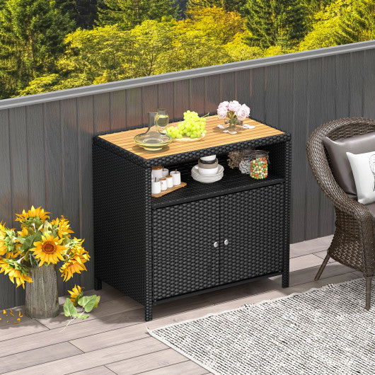 Rattan Storage Cabinet with Acacia Wood Countertop for Poolside Deck and Patio-Black