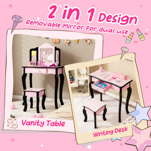 Kid Vanity Set with Tri-Folding Mirror and Leopard Print-Pink