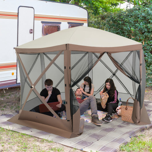 Pop-up Gazebo 6-sided Instant Setup Screen House Hub Tent with Mesh Netting Walls-Coffee