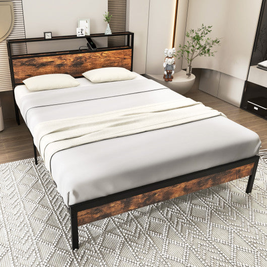 Twin/Full/Queen Bed Frame with Storage Headboard and Charging Station-Queen Size