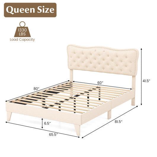 Full/Queen Size Bed Frame with Nail Headboard and Wooden Slats-Queen Size