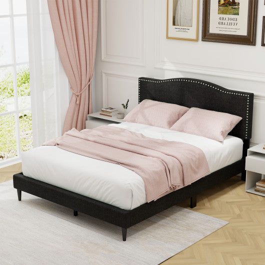 Queen Size Upholstered Bed Frame with Nailhead Trim Headboard-Queen Size