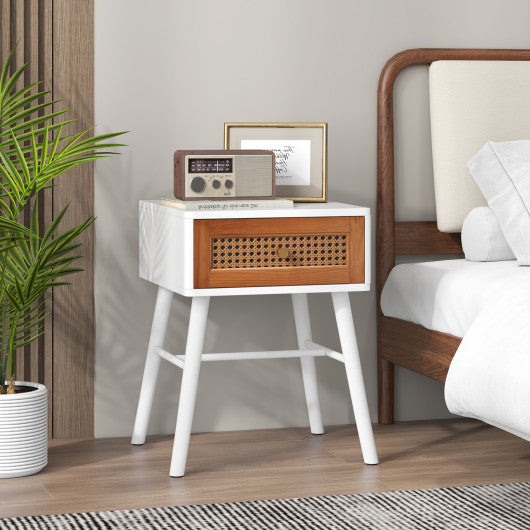 Rattan Nightstand Mid Century Modern Accent Table with Drawer-White