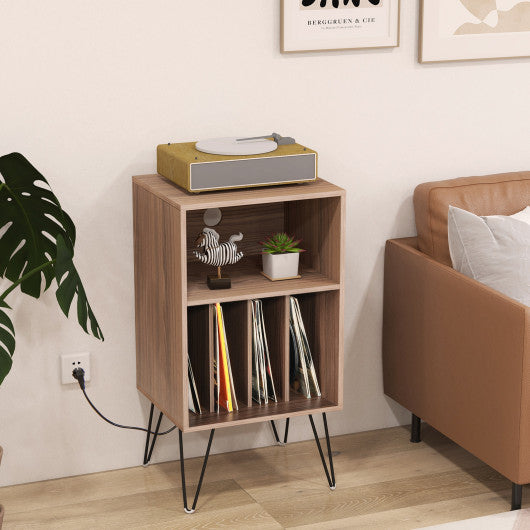 Record Player Stand with Charging Station for Living Room Bedroom-Walnut