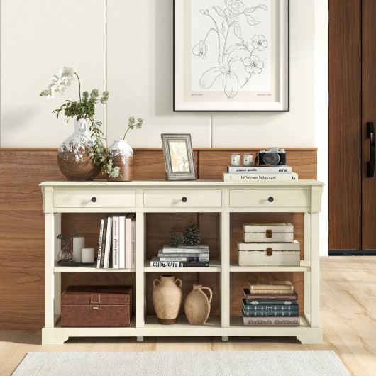 58 Inch Retro Console Table with 3 Drawers and Open Shelves Rectangular Entryway Table-White