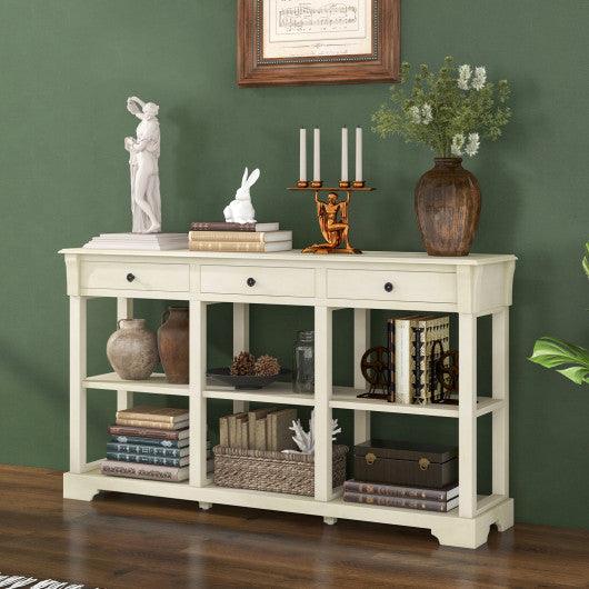 58 Inch Retro Console Table with 3 Drawers and Open Shelves Rectangular Entryway Table-White