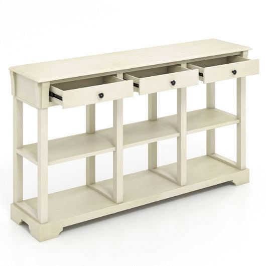 58 Inch Retro Console Table with 3 Drawers and Open Shelves Rectangular Entryway Table-White