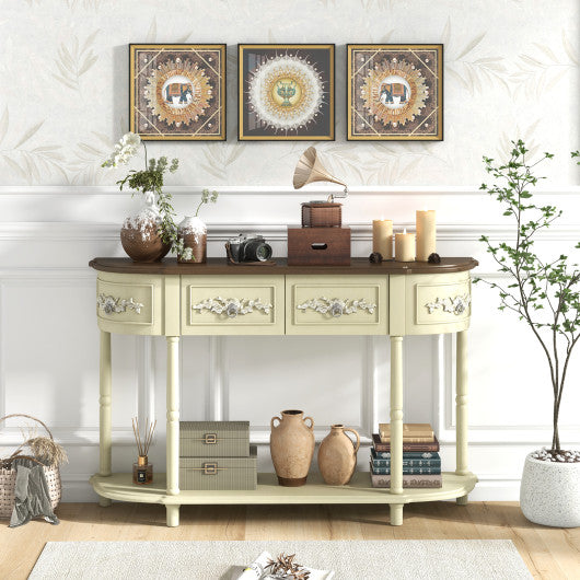 Retro Curved Console Table with Drawers and Solid Wood Legs-Beige