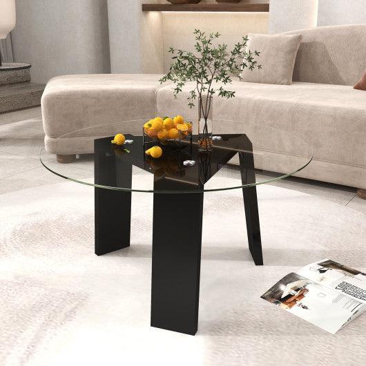 29.5 Inch Round Glass Coffee Table with Solid Rubber Wood Legs for Living Room Home Office Small Space-Black