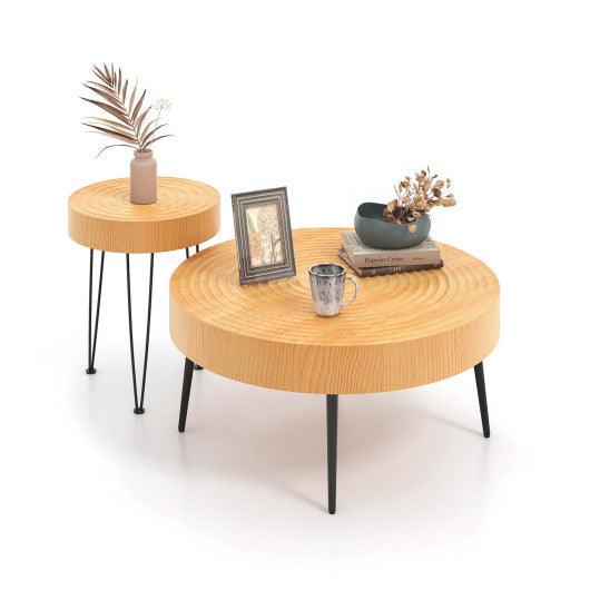 Set of 2 Solid Wood Farmhouse Round Coffee Tables-Ring Pattern