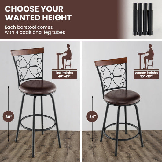 2 Pieces 24-30 Inch Adjustable PU Cushioned Swivel Barstools-Brown