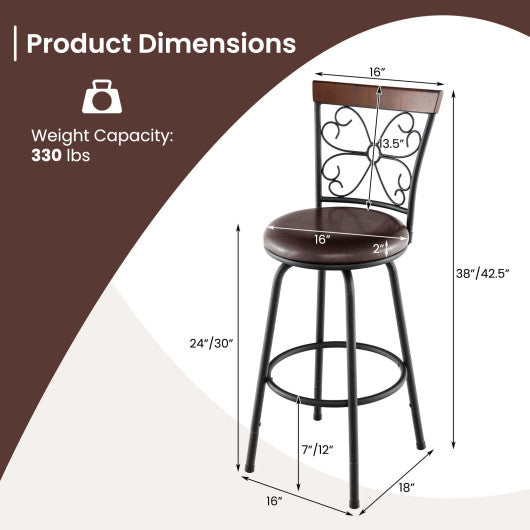 2 Pieces 24-30 Inch Adjustable PU Cushioned Swivel Barstools-Brown