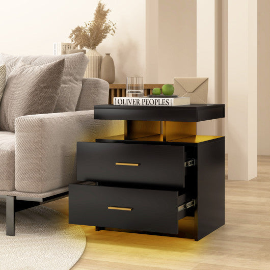 Set of 2 LED Nightstand with 2 Storage Drawers for Bedroom-Black