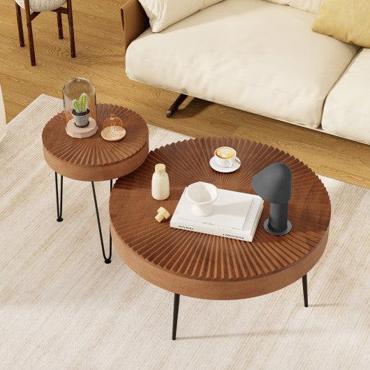 Set of 2 Boho Round Coffee Table with Solid Pine Wood Top and Metal Legs-Brown