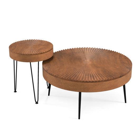 Set of 2 Boho Round Coffee Table with Solid Pine Wood Top and Metal Legs-Brown