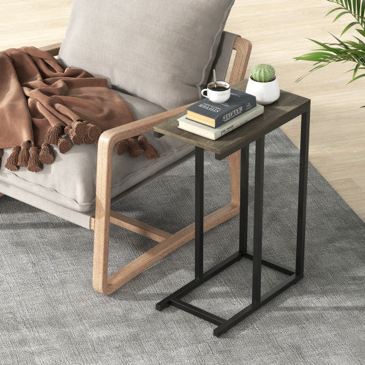 C-shaped Side Table with Heavy-duty Metal Frame-Oak